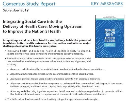 Integrating Social Care into the Delivery of Health Care: Moving Upstream to Improve the Nation's Health - Key Messages